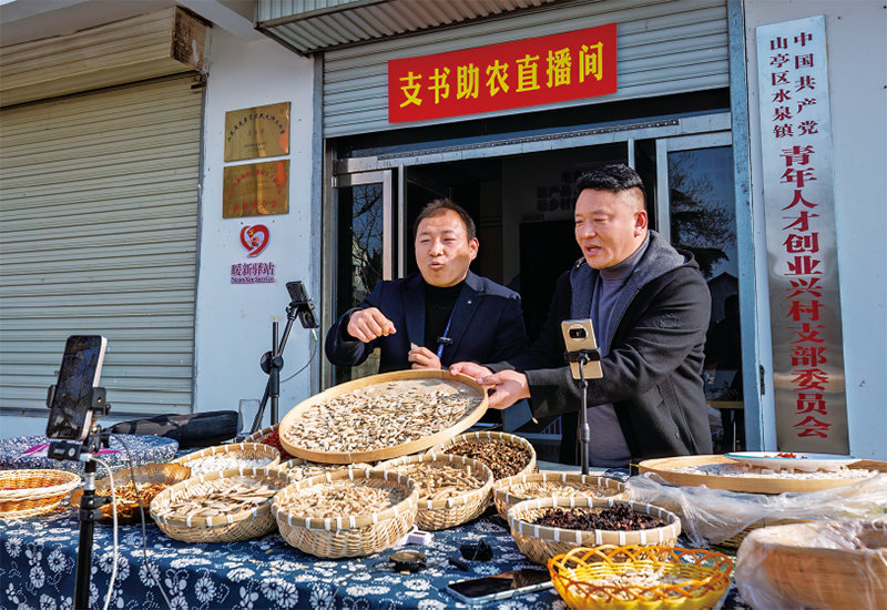 近年來(lái)，各地加強(qiáng)干部實(shí)踐鍛煉，組織黨員干部在急難險(xiǎn)重一線擔(dān)當(dāng)作為，提高推動(dòng)高質(zhì)量發(fā)展和服務(wù)群眾本領(lǐng)。圖為2025年12月29日，在山東省棗莊市“支書助農(nóng)直播間”活動(dòng)中，黨支部書記直播銷售當(dāng)?shù)赝撂禺a(chǎn)品，助力鄉(xiāng)村振興。